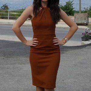 Zara Copper Brown Twist Keyhole midi dress